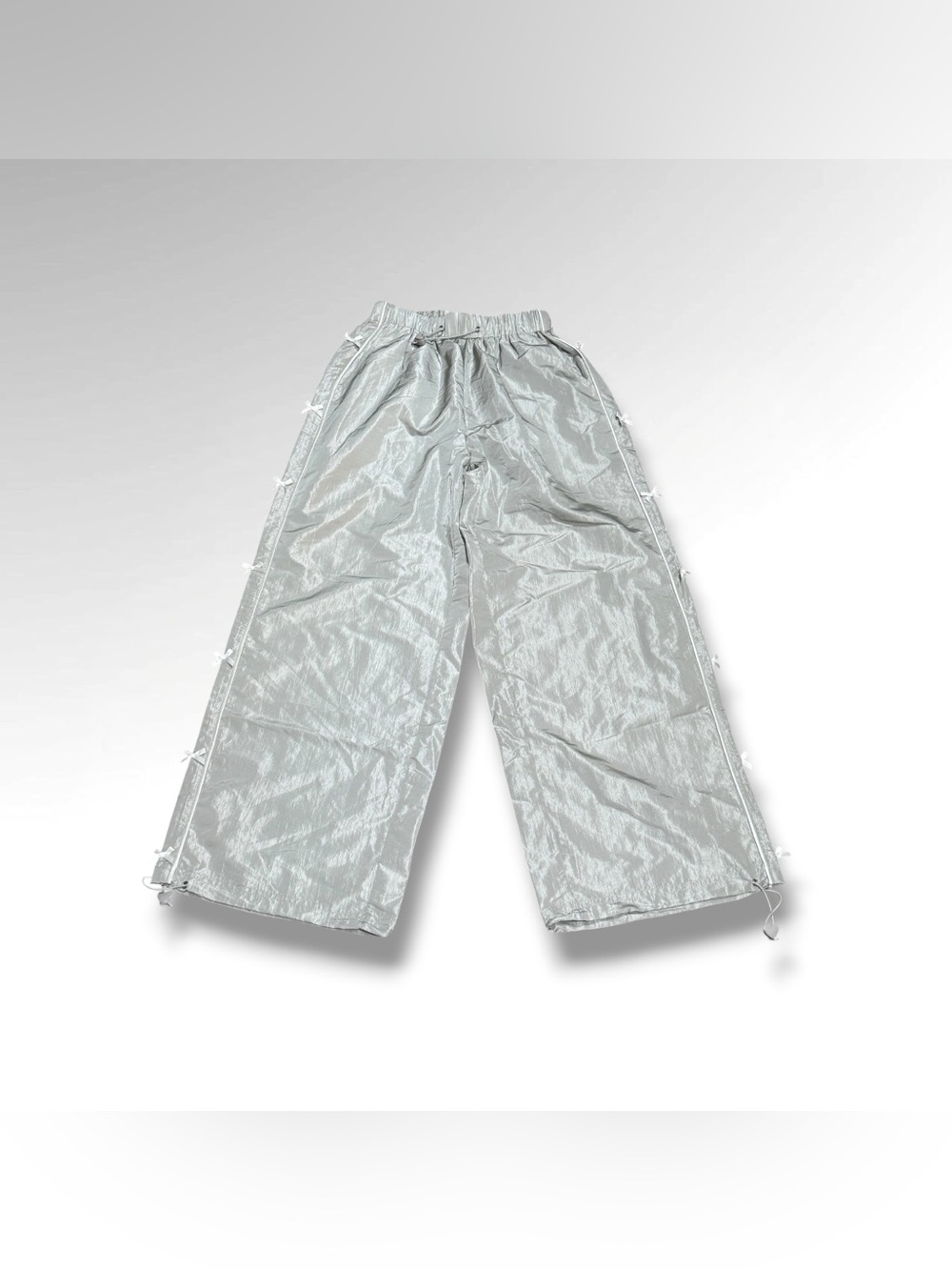 Silver Wide Leg Windbreaker Pants with Bows
